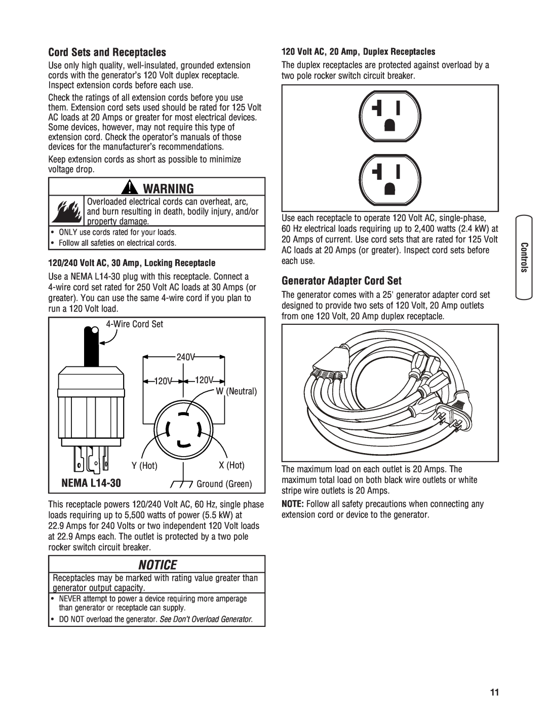Briggs & Stratton Portable Generator manual Cord Sets and Receptacles, NEMA L14-30, Generator Adapter Cord Set 