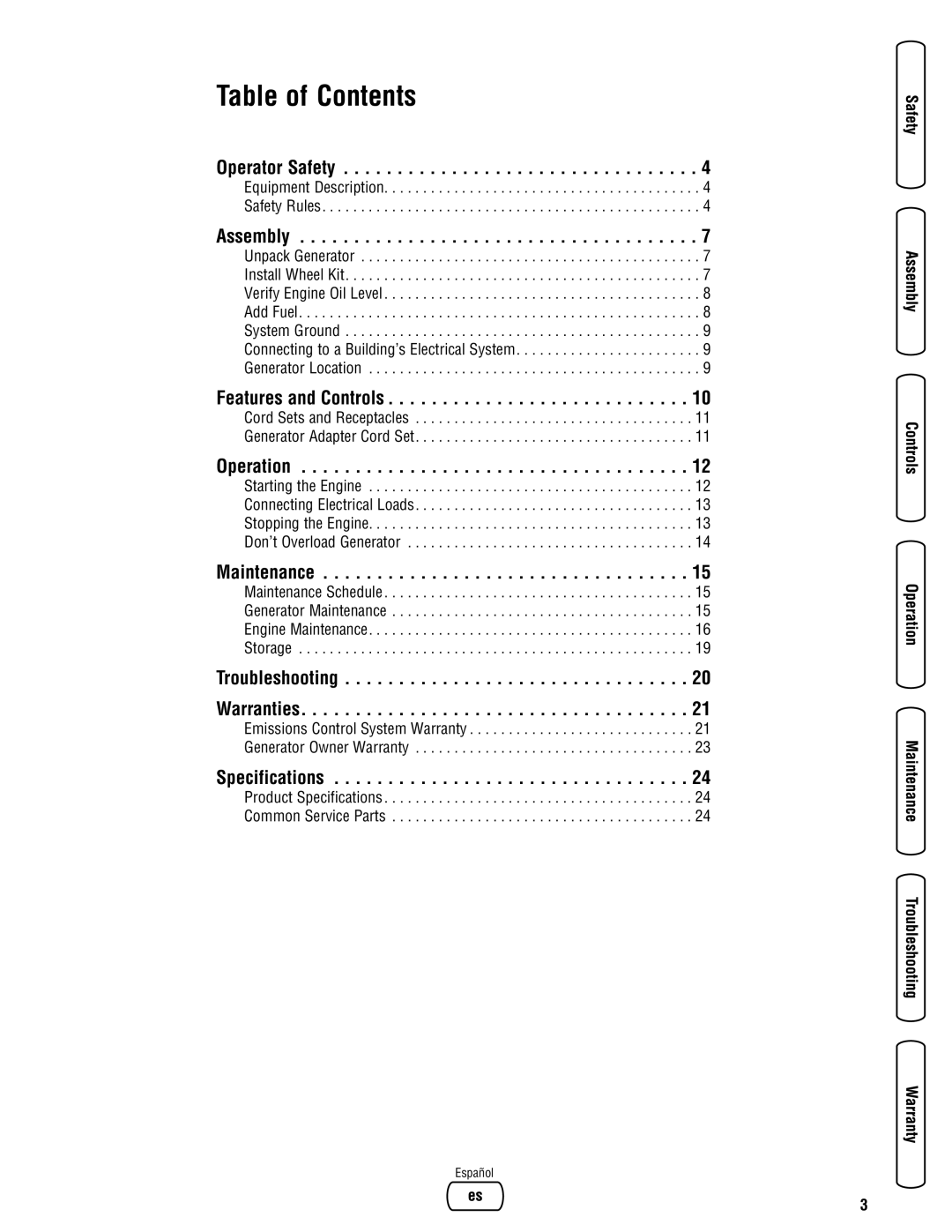 Briggs & Stratton Portable Generator manual Table of Contents, Español 