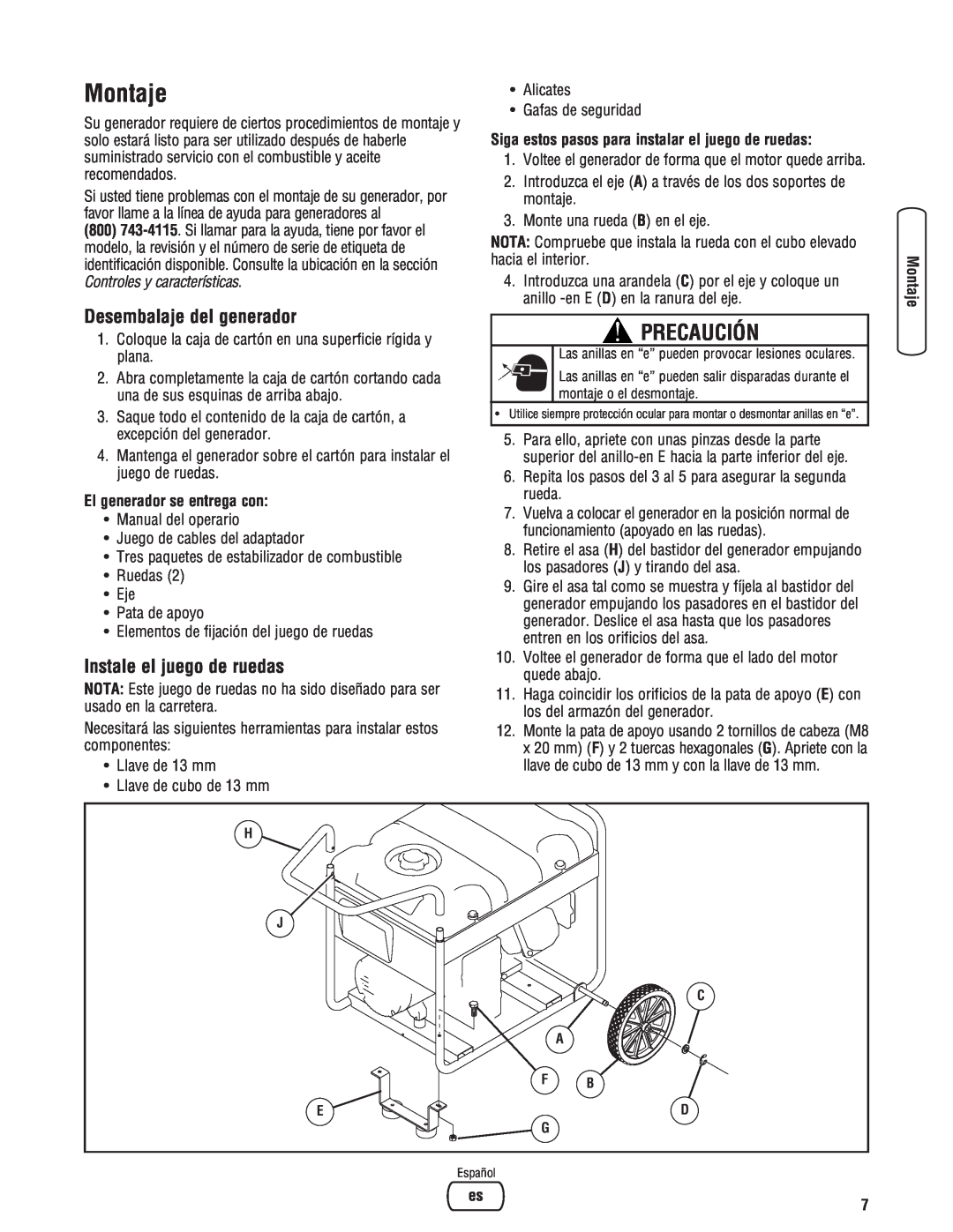 Briggs & Stratton Portable Generator manual Montaje, Precaución, Desembalaje del generador, Instale el juego de ruedas 