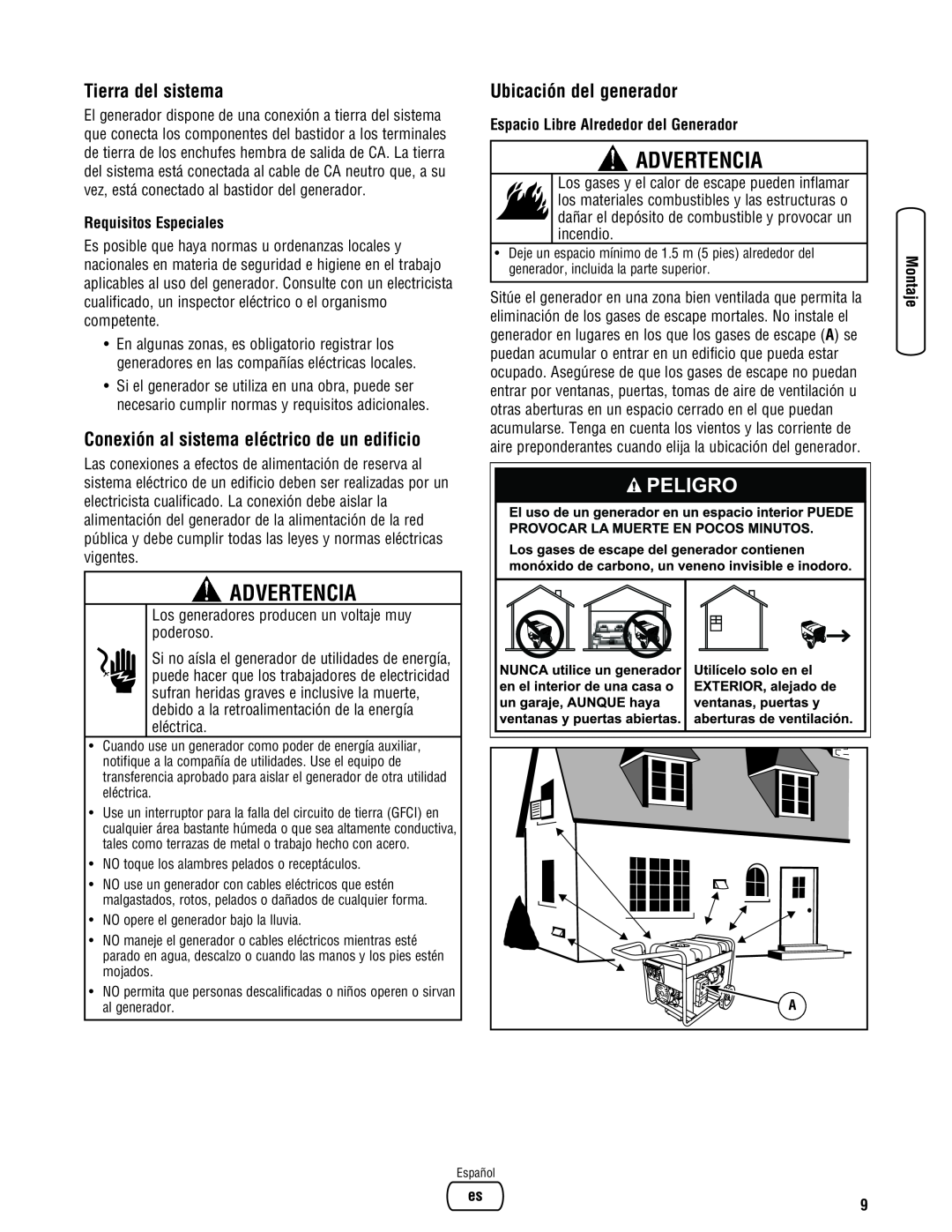 Briggs & Stratton Portable Generator manual Advertencia, Tierra del sistema, Conexión al sistema eléctrico de un edificio 