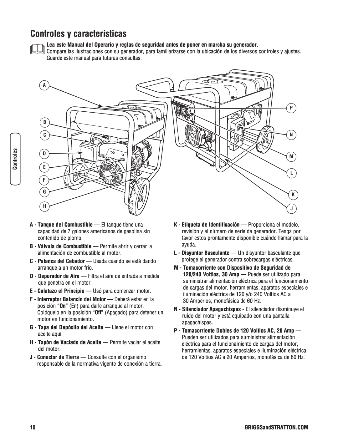 Briggs & Stratton Portable Generator manual Controles y características 