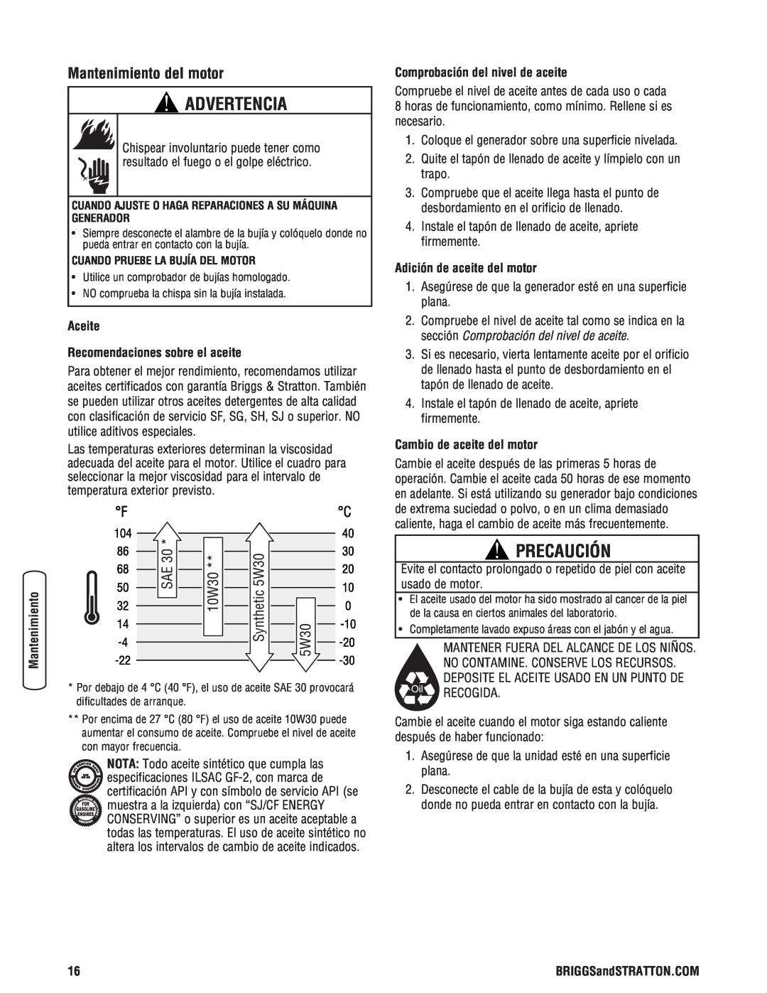Briggs & Stratton Portable Generator manual Advertencia, Precaución, Aceite Recomendaciones sobre el aceite 