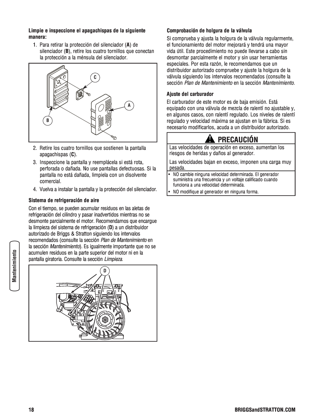 Briggs & Stratton Portable Generator Precaución, Sistema de refrigeración de aire, Comprobación de holgura de la válvula 