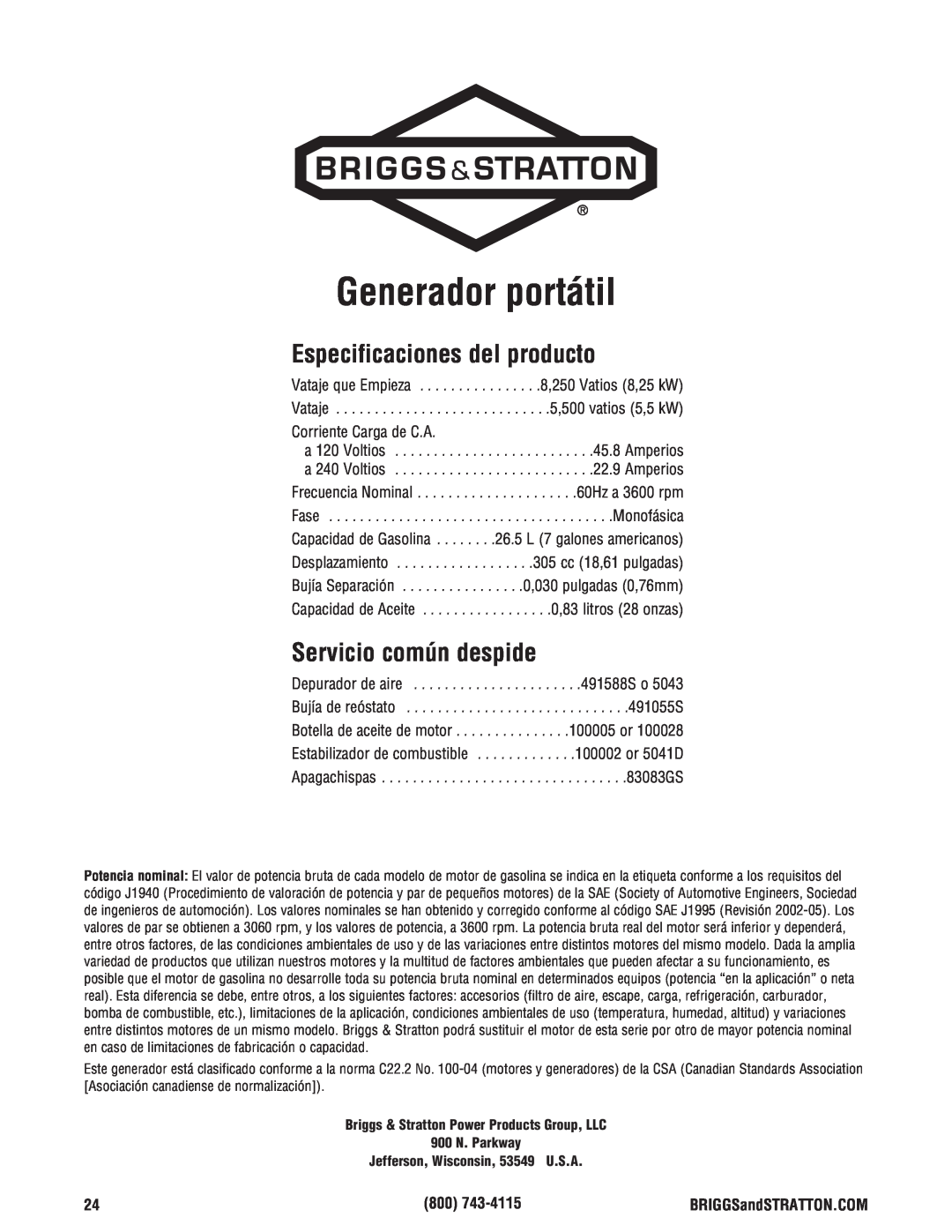 Briggs & Stratton Portable Generator manual Generador portátil, Especificaciones del producto, Servicio común despide 