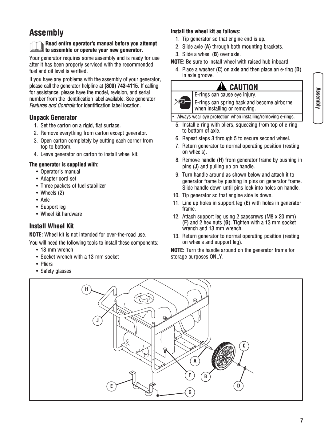 Briggs & Stratton Portable Generator manual Assembly, Unpack Generator, Install Wheel Kit, The generator is supplied with 