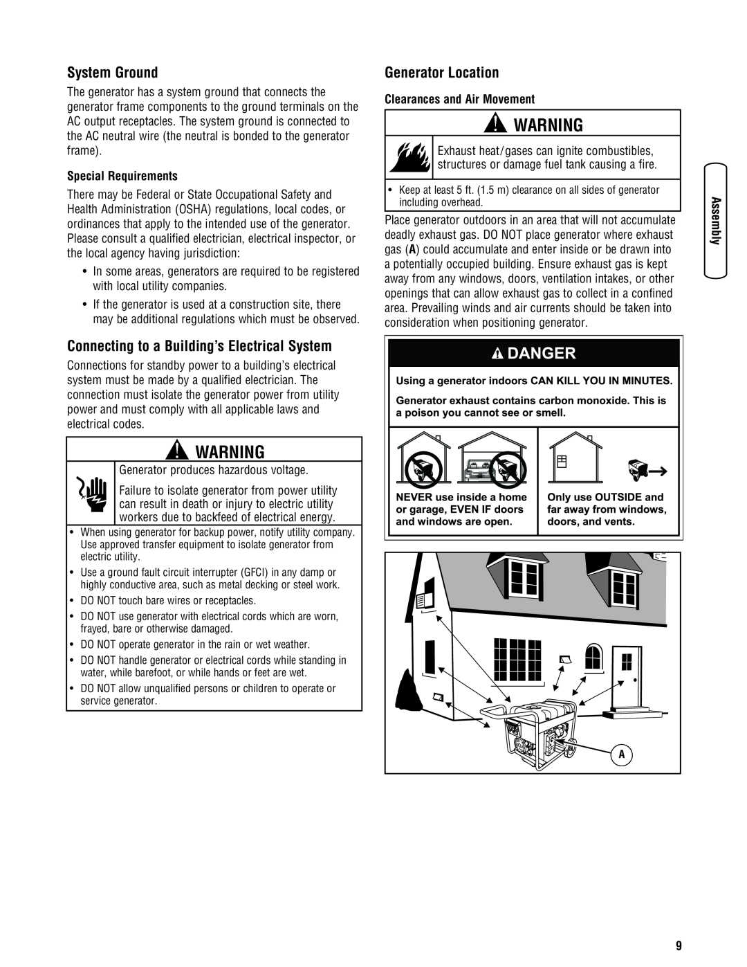 Briggs & Stratton Portable Generator manual System Ground, Connecting to a Building’s Electrical System, Generator Location 