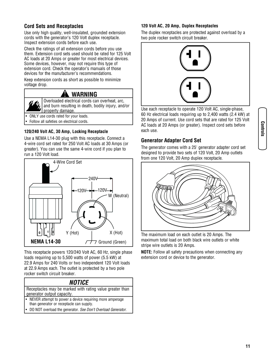 Briggs & Stratton Portable Generator manual Cord Sets and Receptacles, Nema L14-30, Generator Adapter Cord Set 