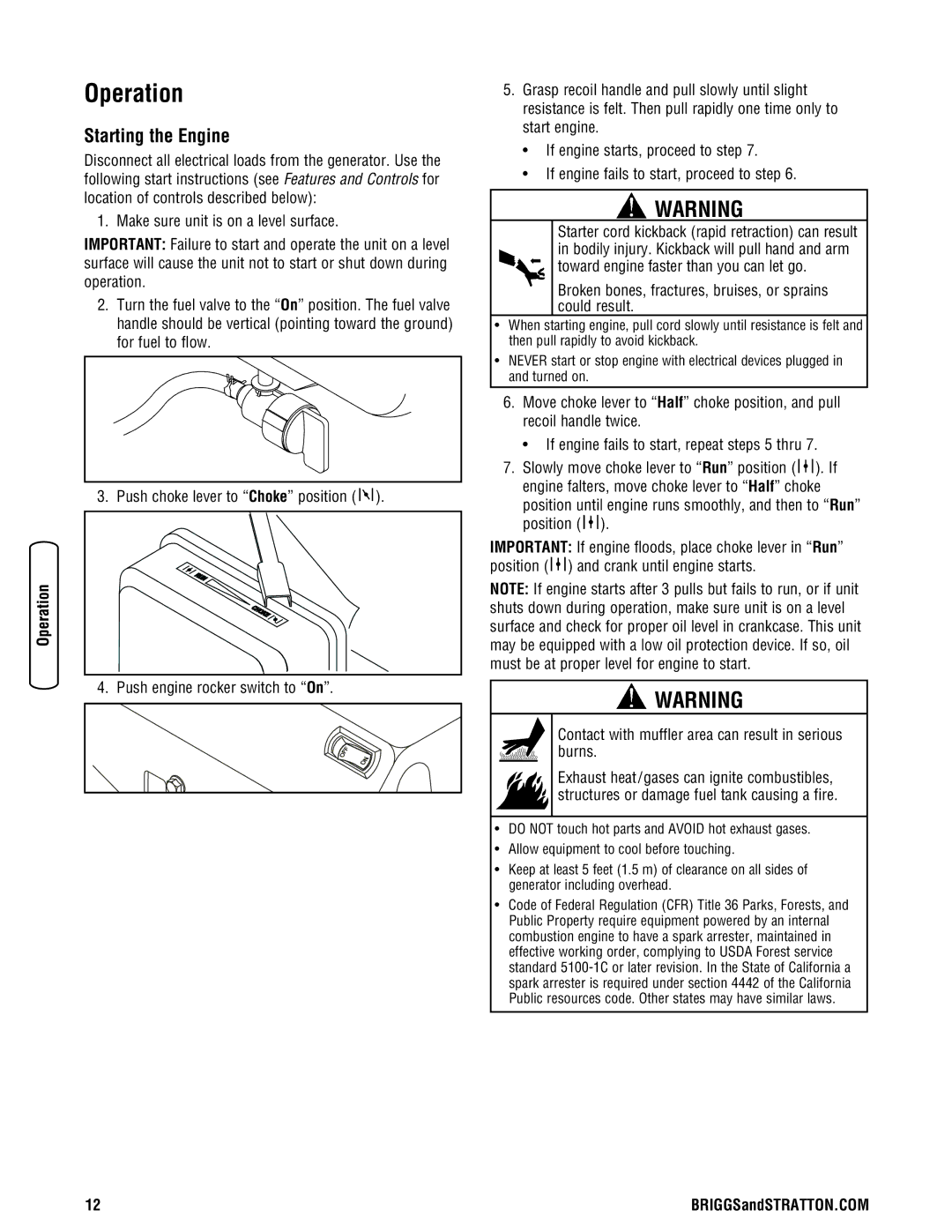 Briggs & Stratton Portable Generator manual Operation, Starting the Engine 