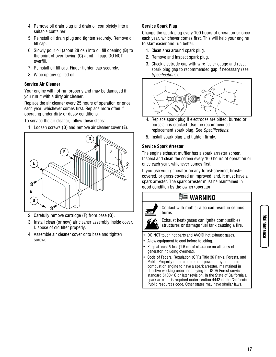 Briggs & Stratton Portable Generator Service Air Cleaner, Carefully remove cartridge F from base G, Service Spark Plug 