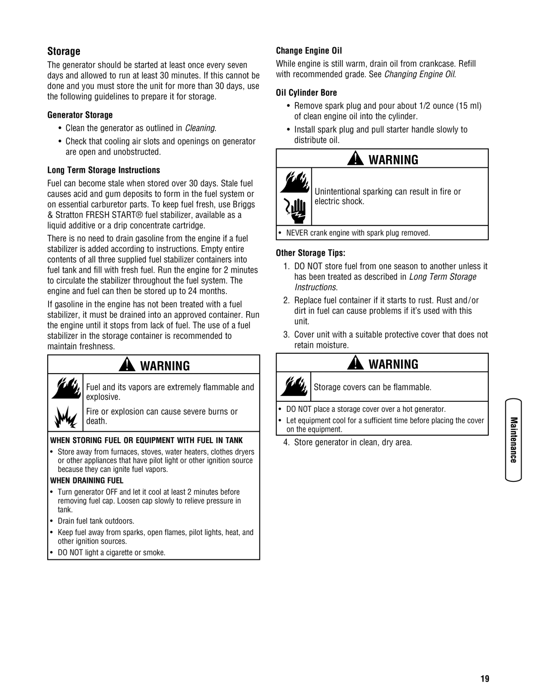 Briggs & Stratton Portable Generator manual Storage 