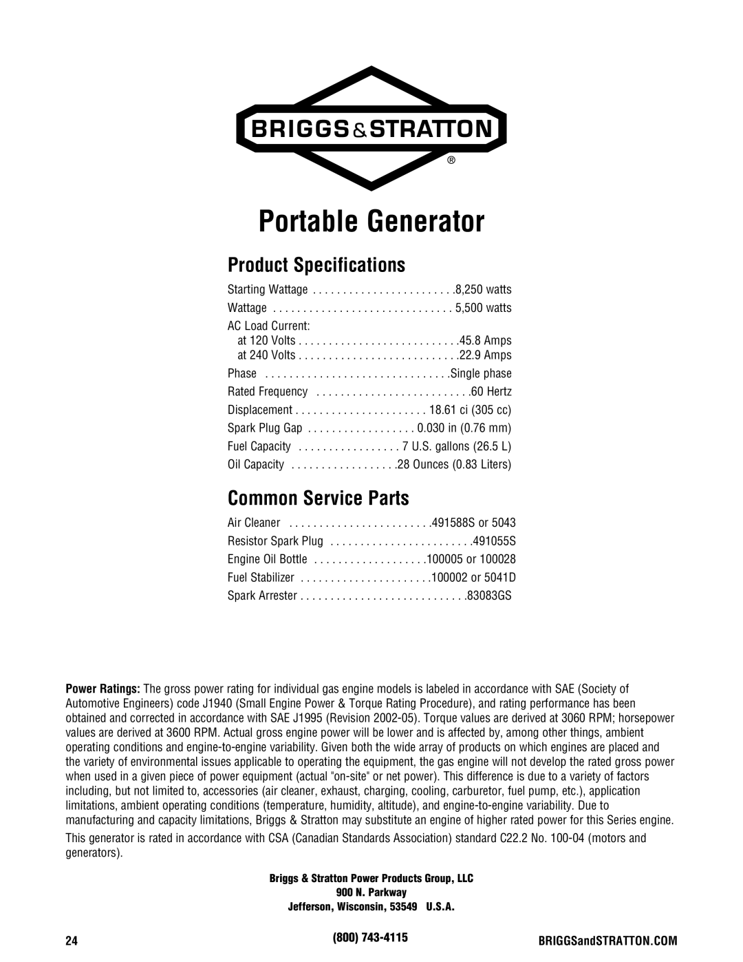 Briggs & Stratton Portable Generator manual Product Specifications, Common Service Parts, AC Load Current, 800 