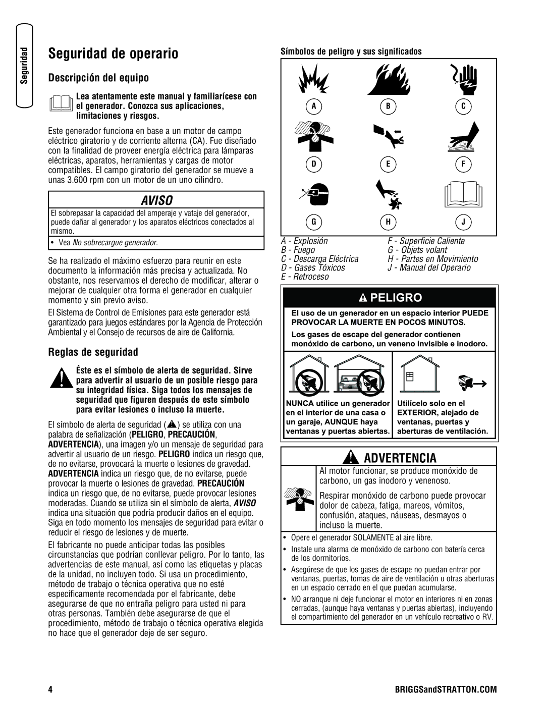 Briggs & Stratton Portable Generator manual Seguridad de operario, Descripción del equipo, Reglas de seguridad 