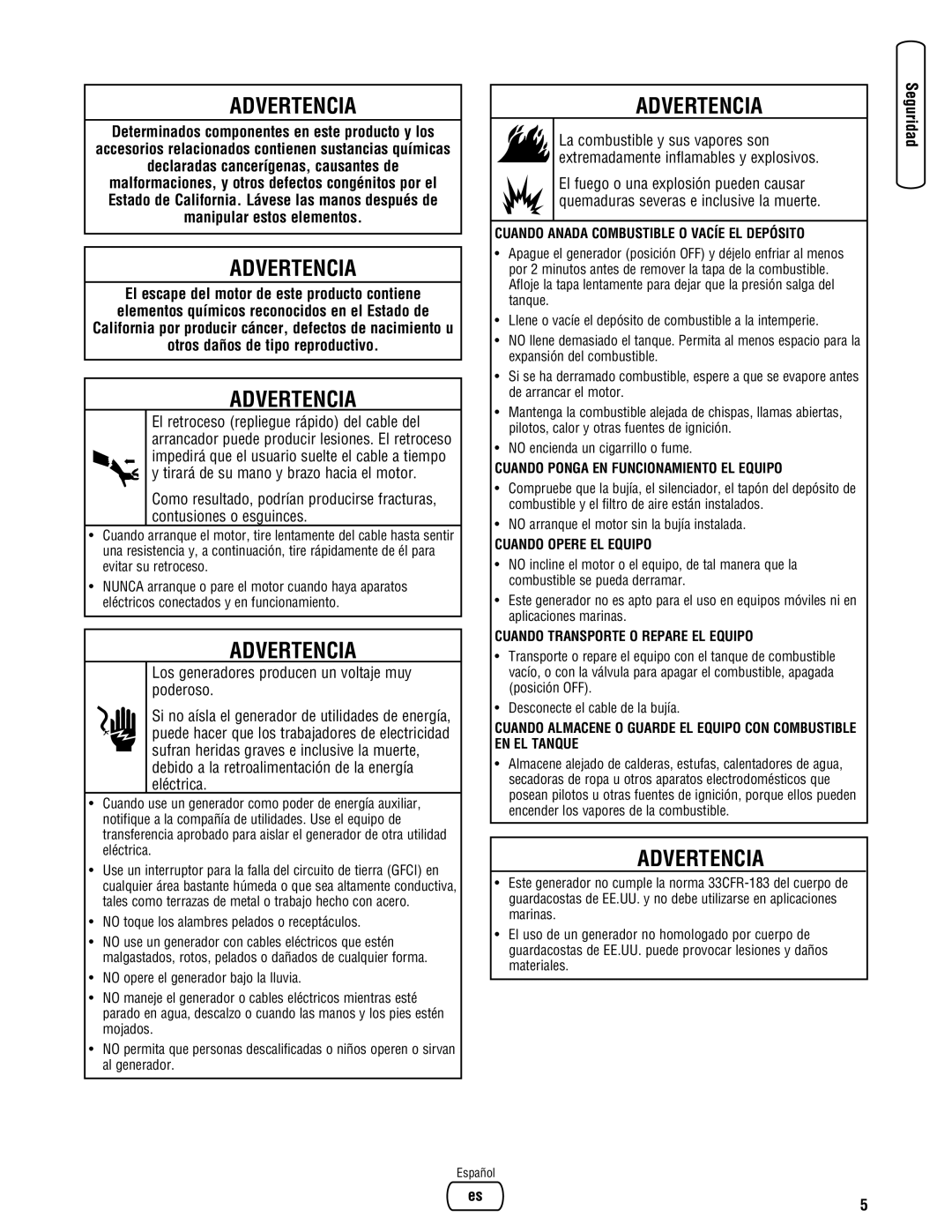 Briggs & Stratton Portable Generator manual Determinados componentes en este producto y los 