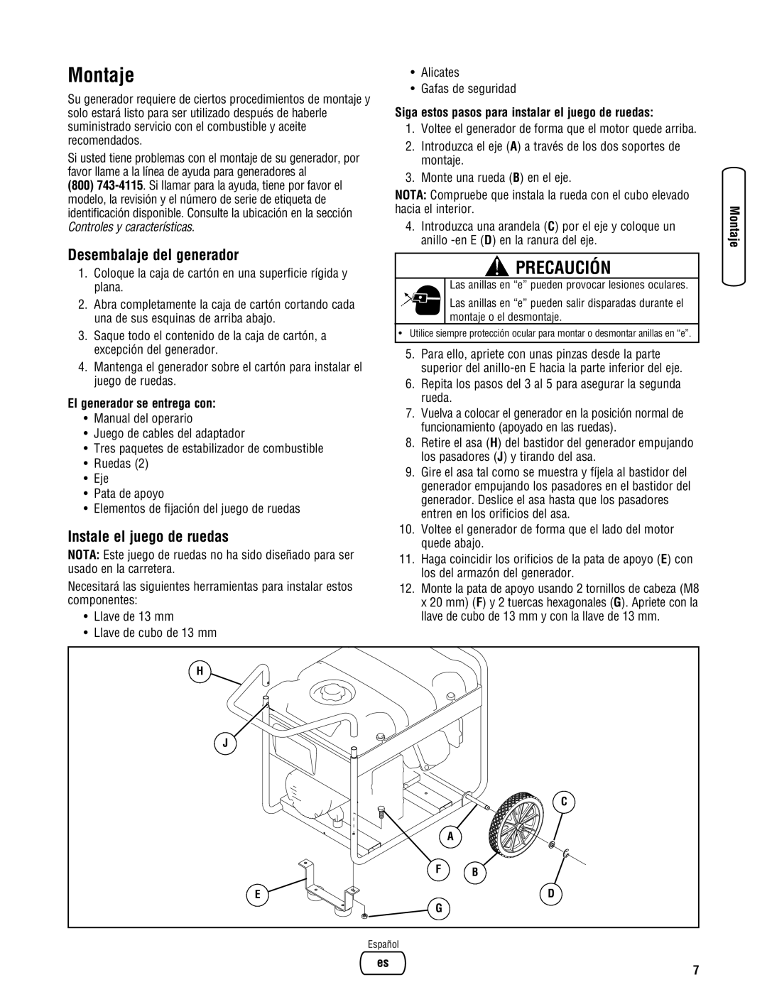 Briggs & Stratton Portable Generator manual Montaje, Desembalaje del generador, Instale el juego de ruedas 