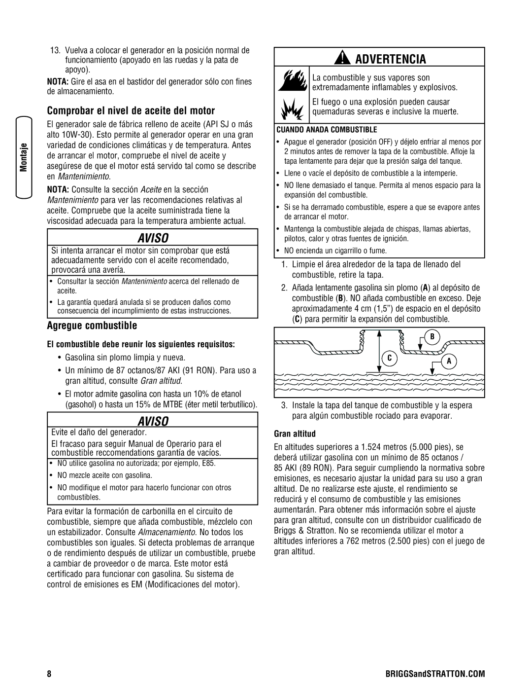 Briggs & Stratton Portable Generator manual Comprobar el nivel de aceite del motor, Agregue combustible, Gran altitud 