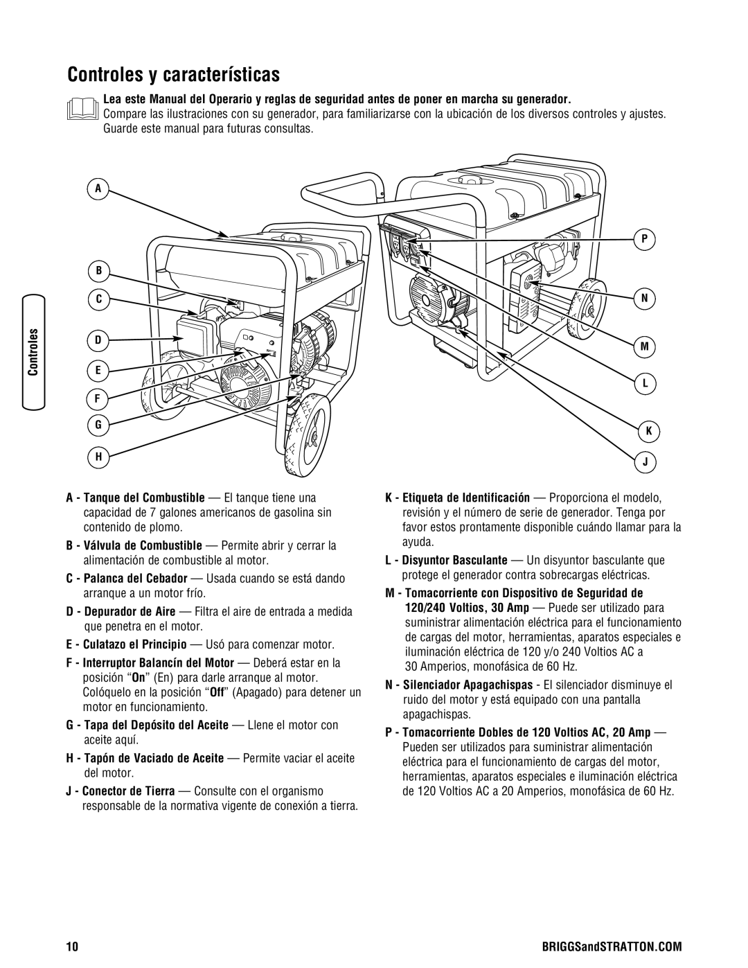 Briggs & Stratton Portable Generator manual Controles y características, Amperios, monofásica de 60 Hz 