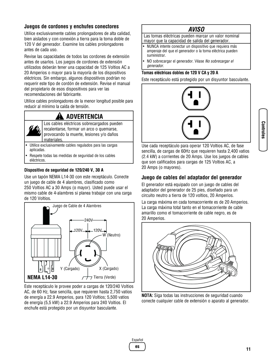 Briggs & Stratton Portable Generator Juegos de cordones y enchufes conectores, Juego de cables del adaptador del generador 