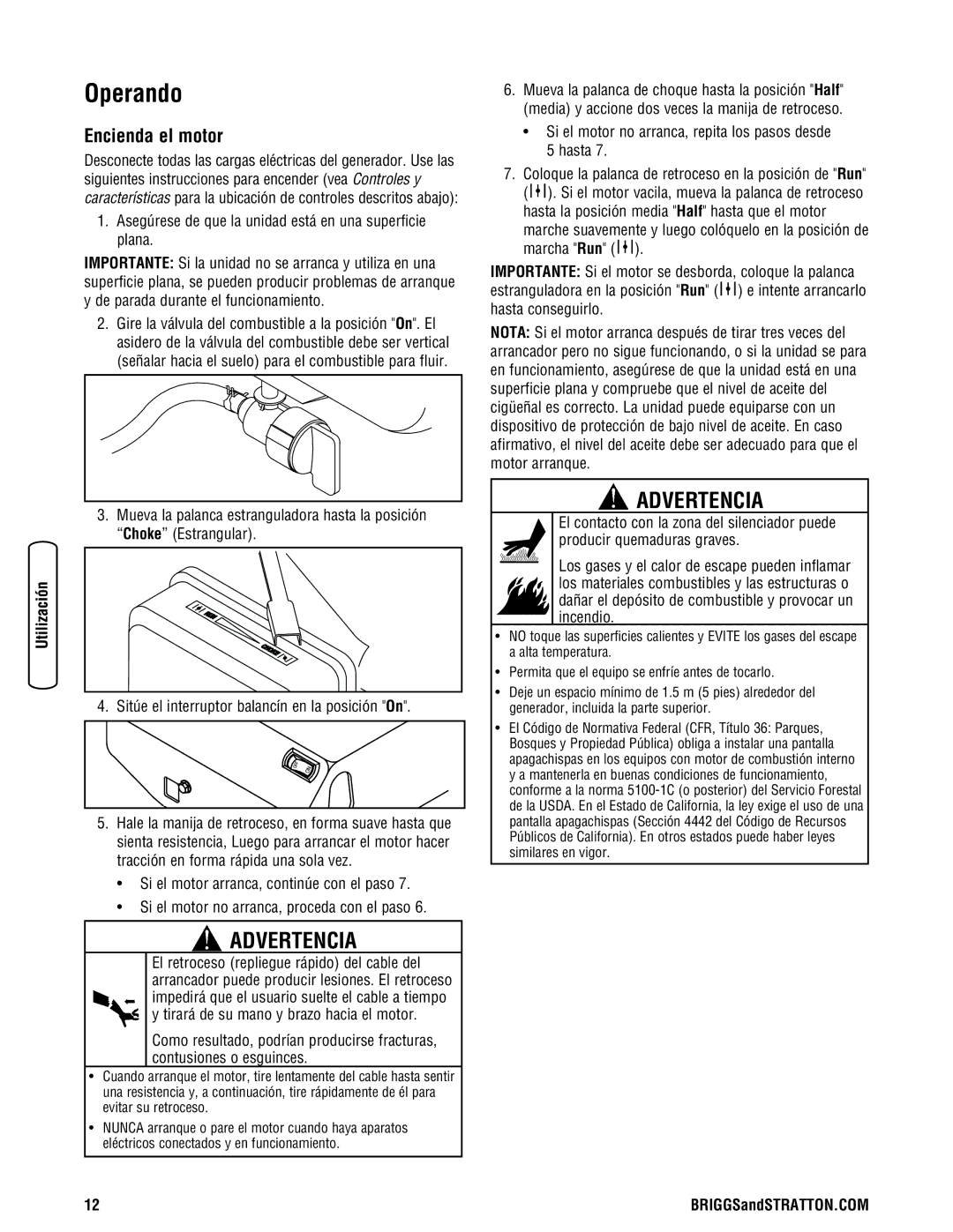 Briggs & Stratton Portable Generator manual Operando, Encienda el motor 