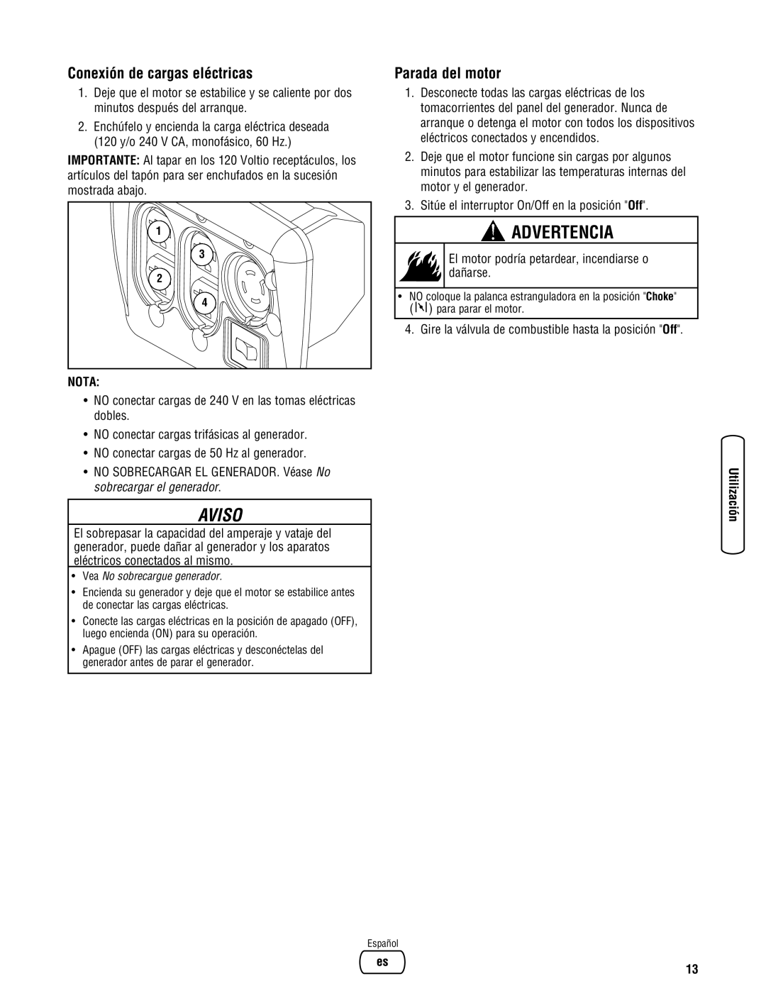 Briggs & Stratton Portable Generator manual Conexión de cargas eléctricas, Parada del motor 