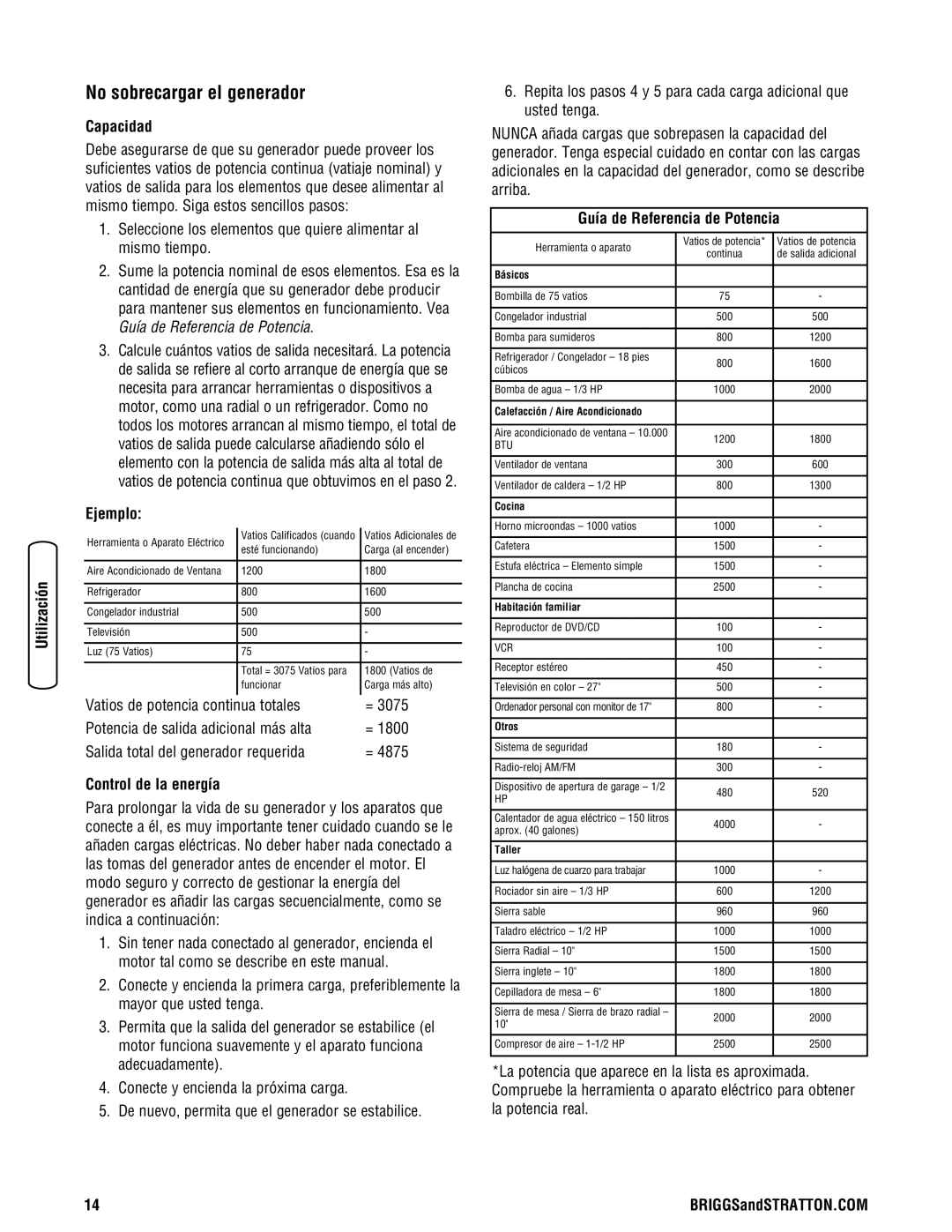 Briggs & Stratton Portable Generator manual No sobrecargar el generador, Capacidad, Ejemplo, Control de la energía 