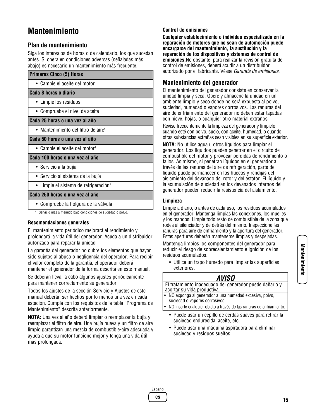 Briggs & Stratton Portable Generator manual Plan de mantenimiento, Mantenimiento del generador 