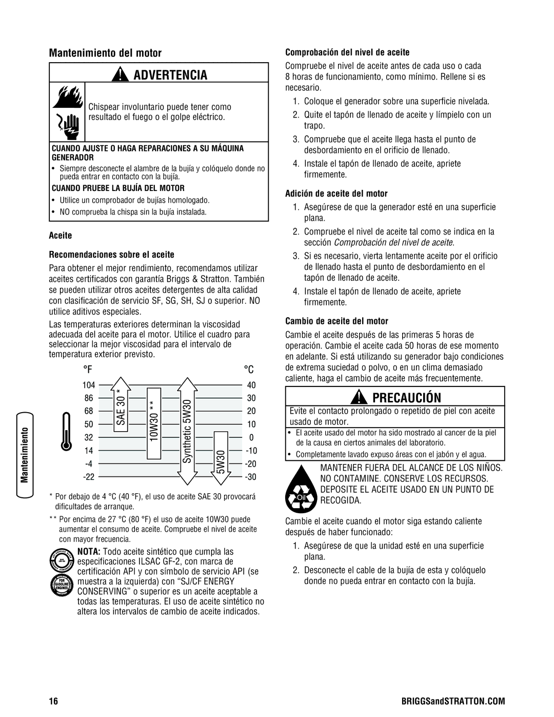 Briggs & Stratton Portable Generator manual Mantenimiento del motor, Aceite Recomendaciones sobre el aceite 