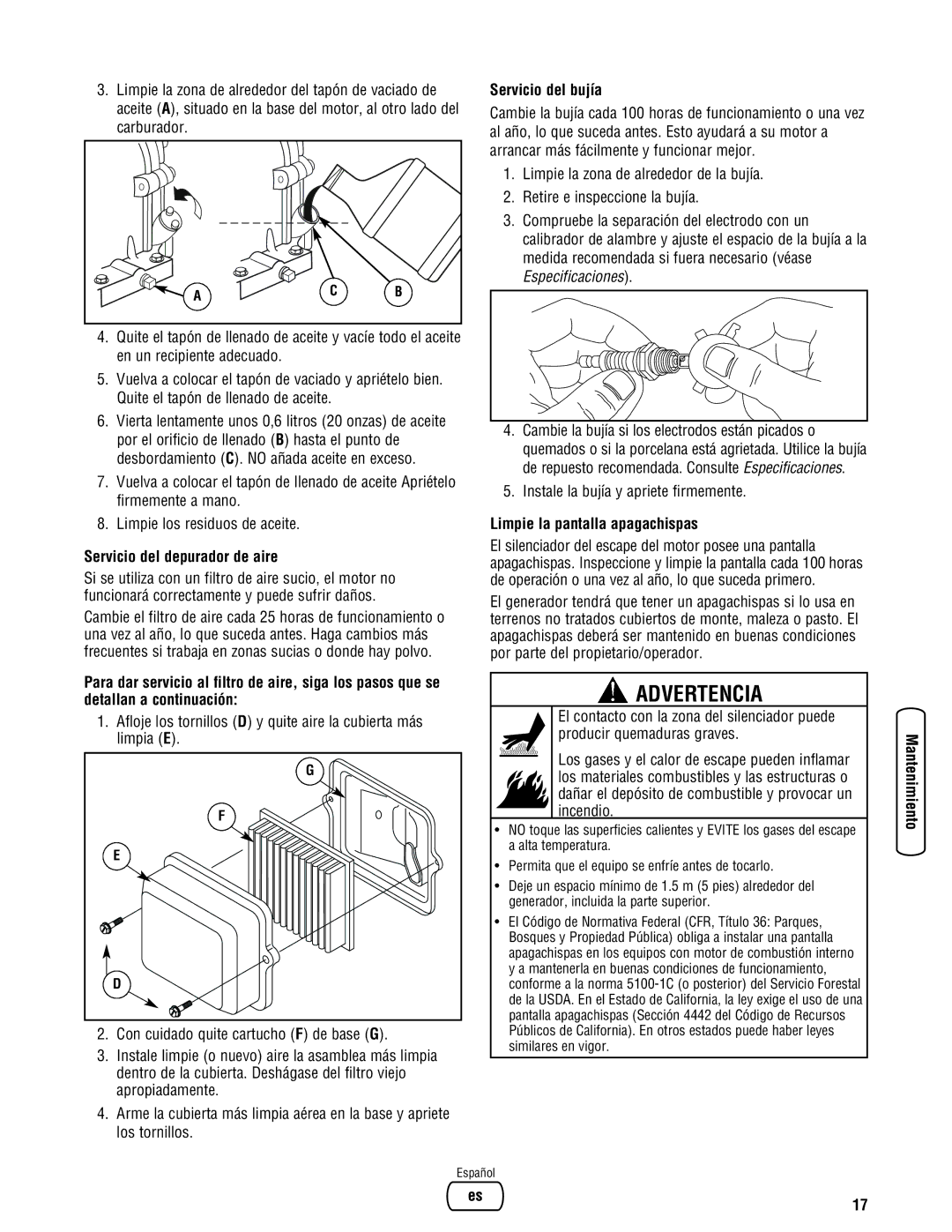 Briggs & Stratton Portable Generator manual Carburador, Servicio del depurador de aire, Servicio del bujía 