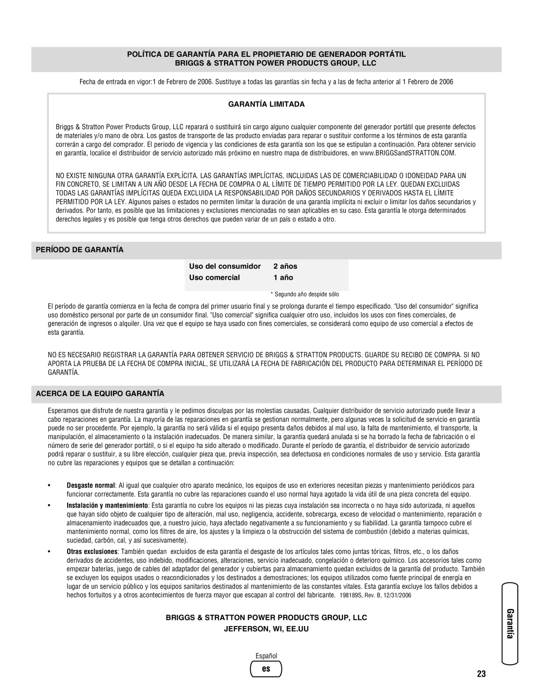 Briggs & Stratton Portable Generator manual Garantía Limitada 