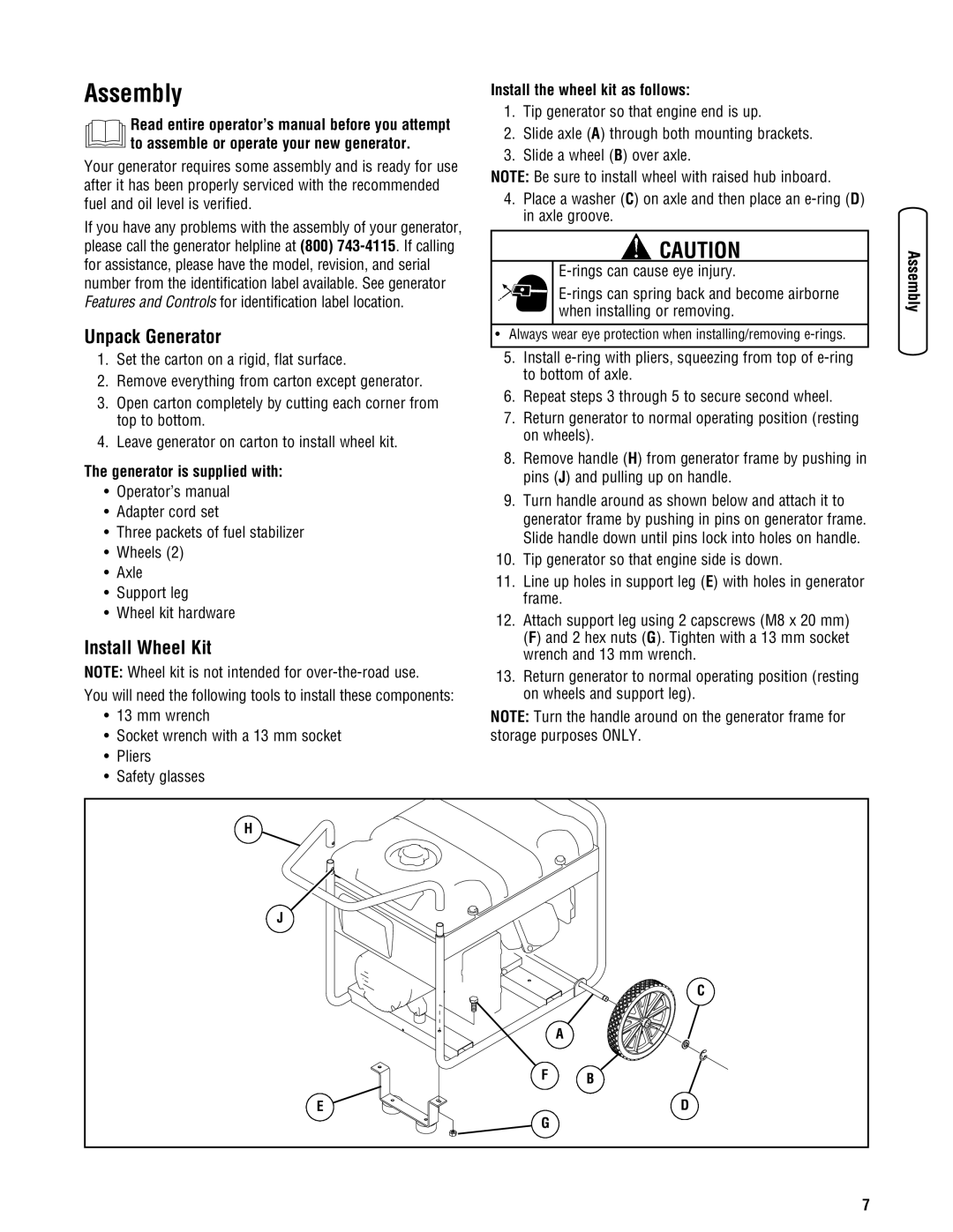 Briggs & Stratton Portable Generator manual Assembly, Unpack Generator, Install Wheel Kit, Generator is supplied with 