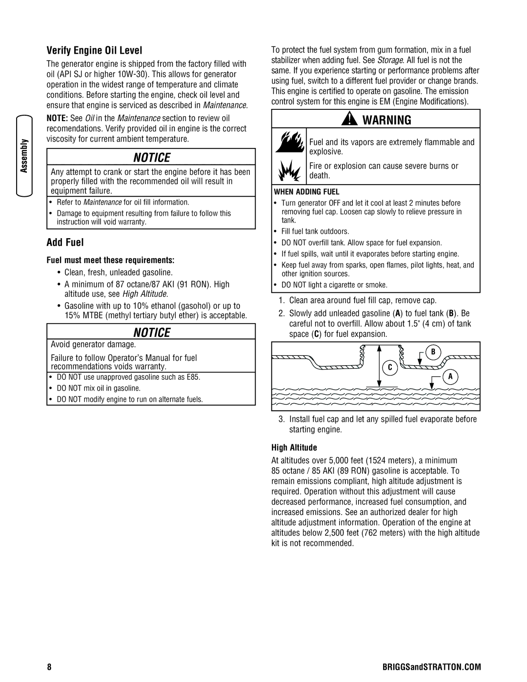 Briggs & Stratton Portable Generator Verify Engine Oil Level, Add Fuel, Fuel must meet these requirements, High Altitude 