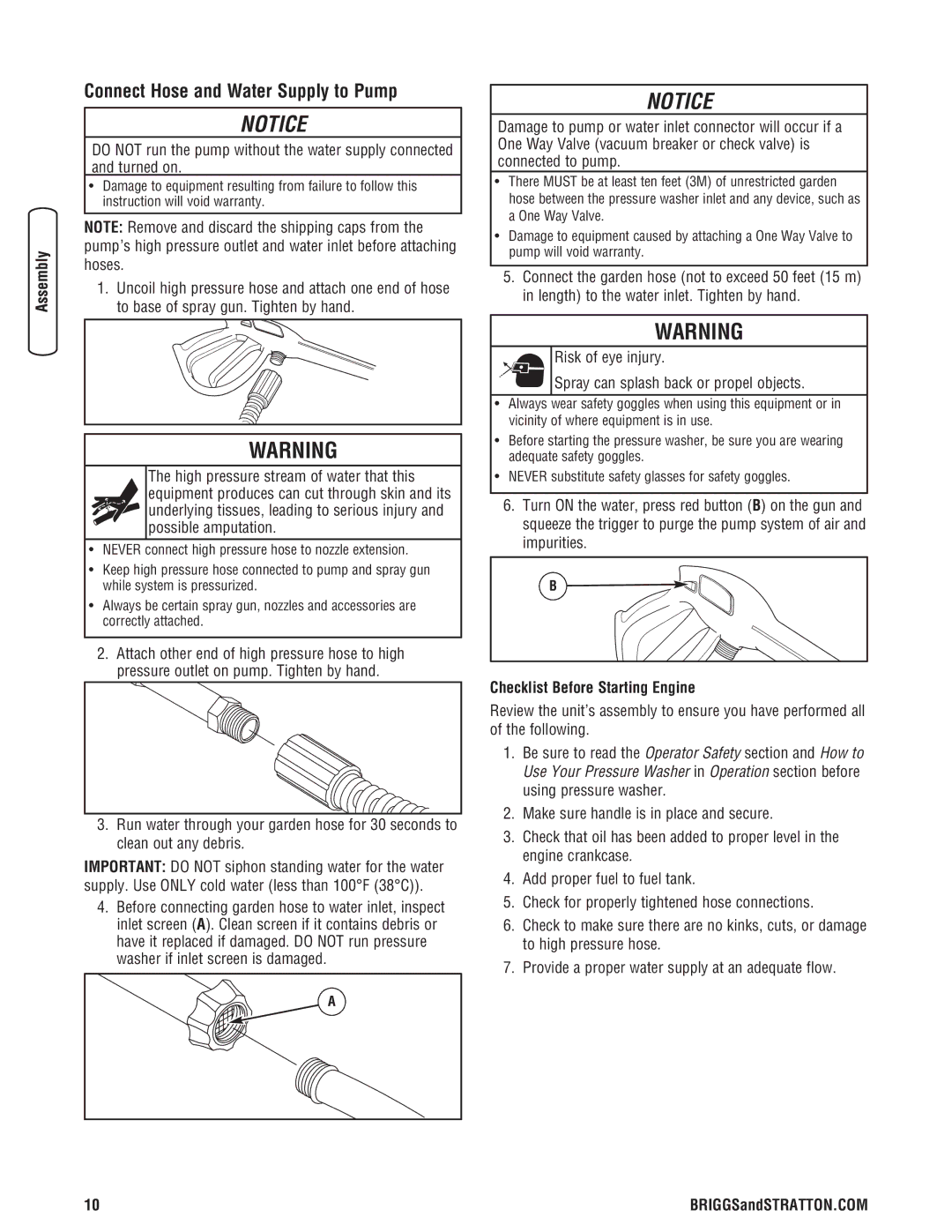 Briggs & Stratton Pressure Washer manual Connect Hose and Water Supply to Pump, Checklist Before Starting Engine 
