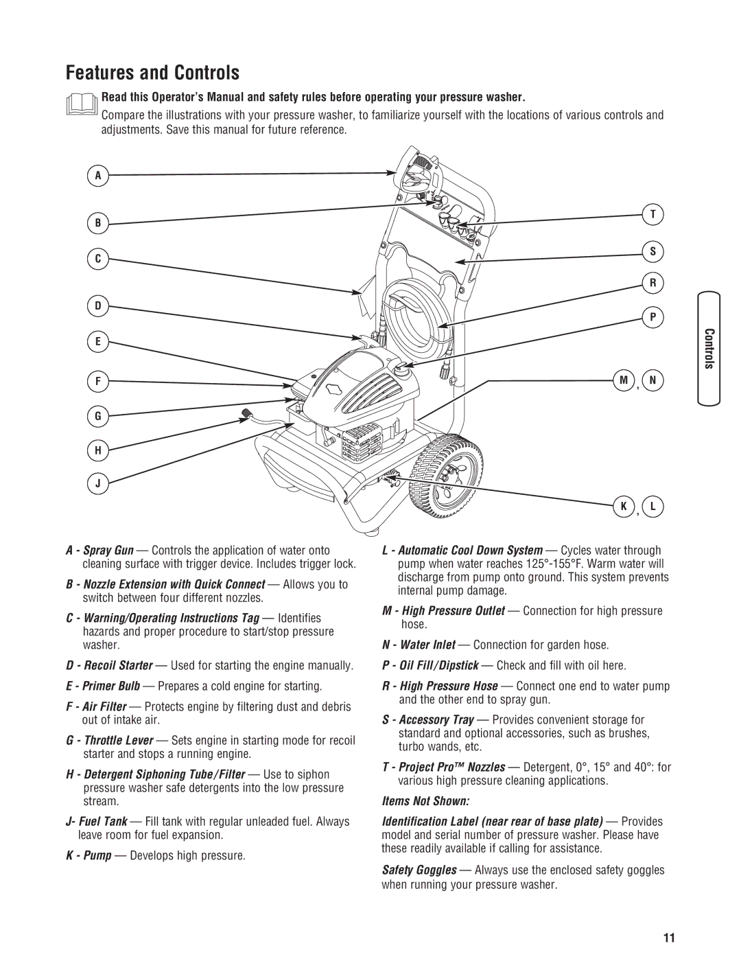 Briggs & Stratton Pressure Washer manual Features and Controls 