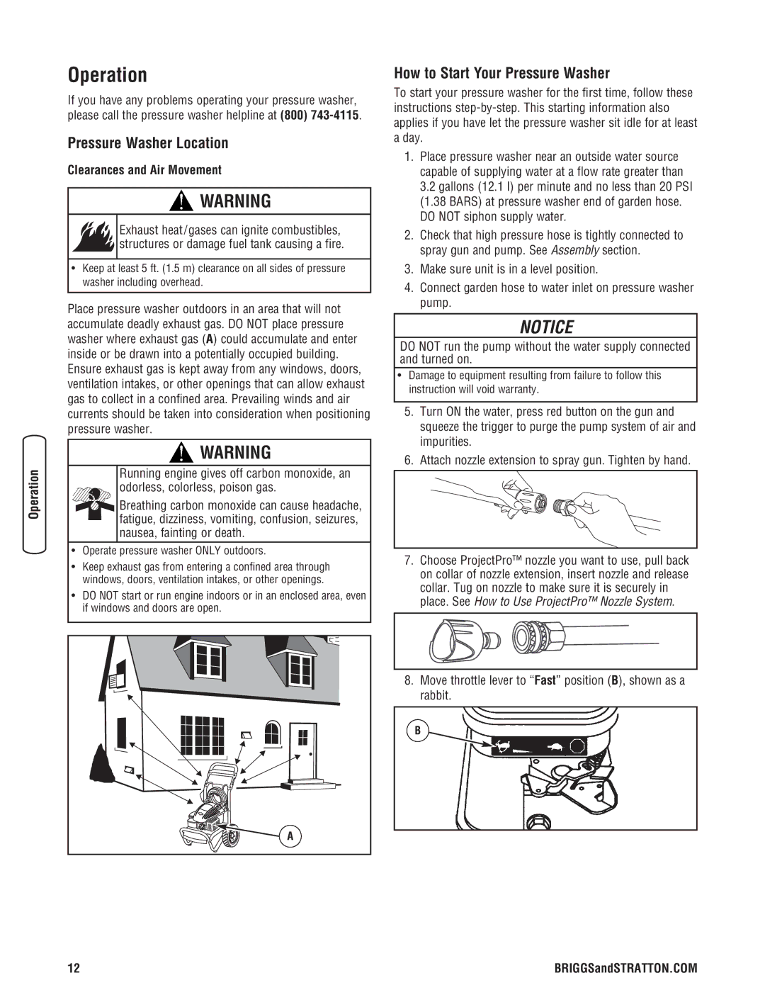 Briggs & Stratton Operation, Pressure Washer Location, How to Start Your Pressure Washer, Clearances and Air Movement 