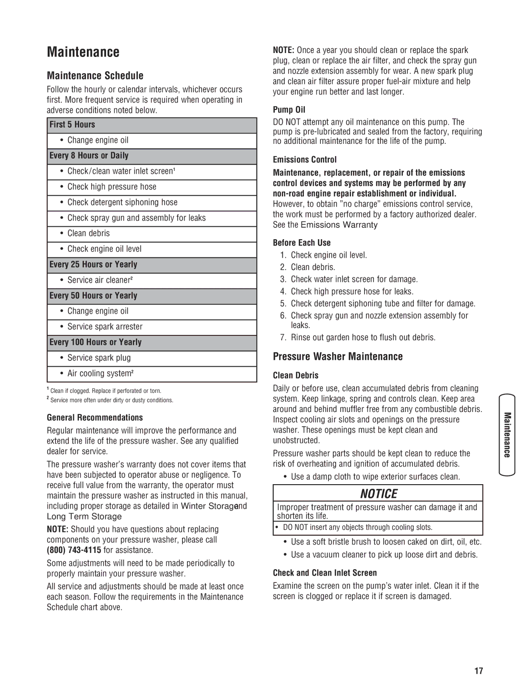 Briggs & Stratton manual Maintenance Schedule, Pressure Washer Maintenance 