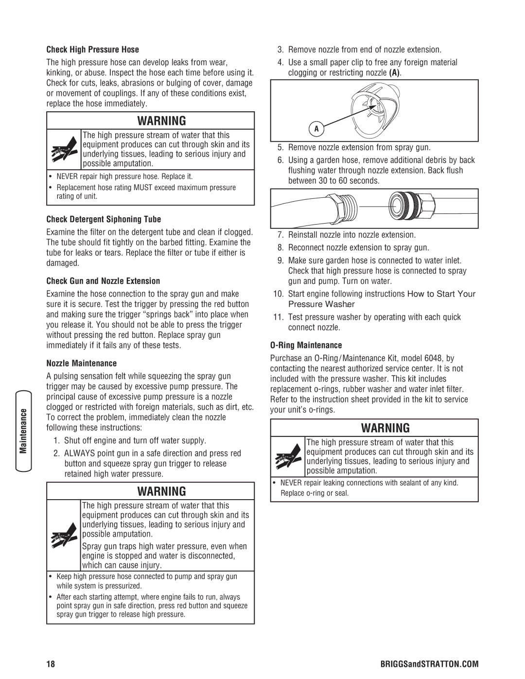 Briggs & Stratton Pressure Washer Check High Pressure Hose, Check Detergent Siphoning Tube, Check Gun and Nozzle Extension 