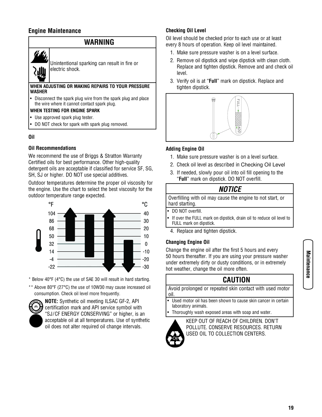 Briggs & Stratton Pressure Washer manual Engine Maintenance, Oil Oil Recommendations, Checking Oil Level, Adding Engine Oil 