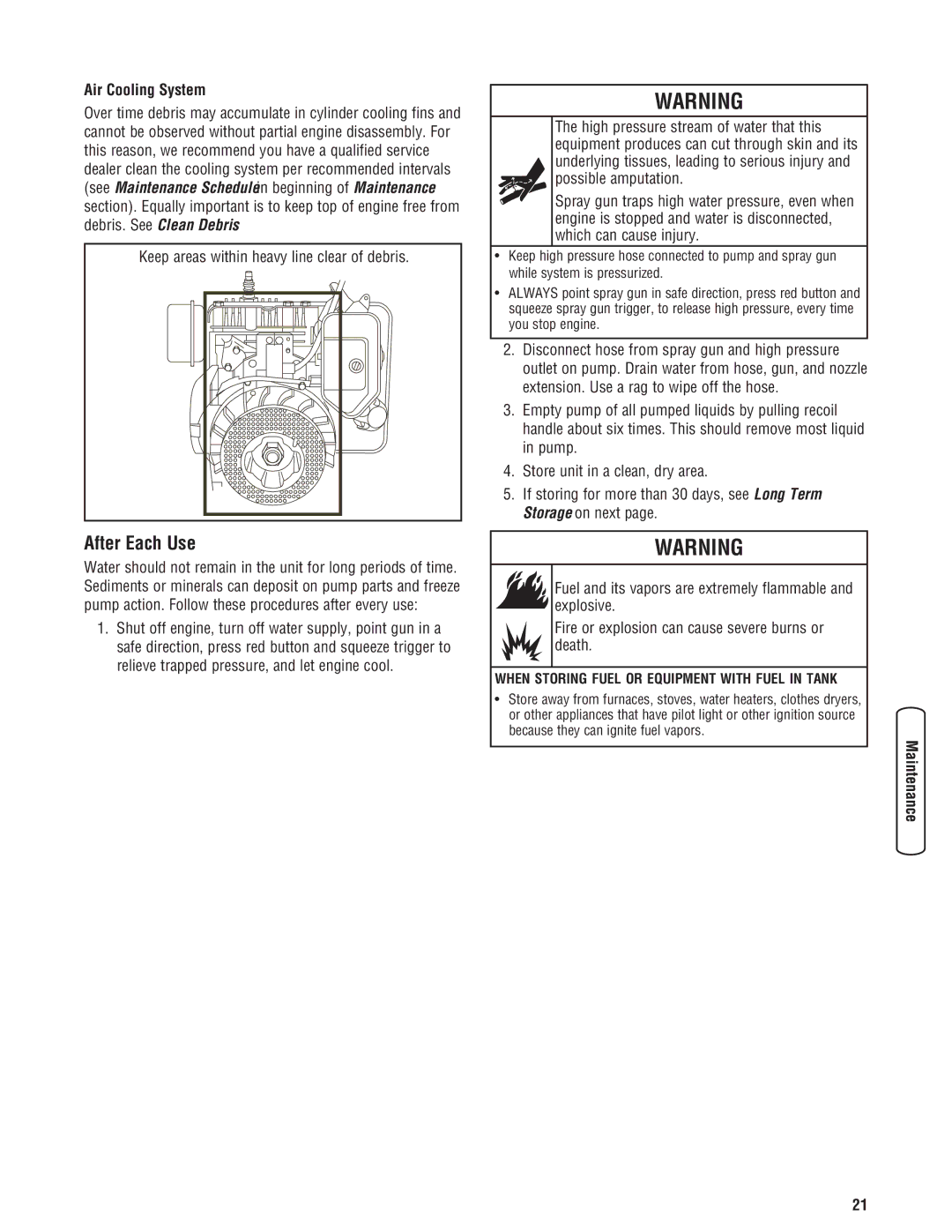 Briggs & Stratton Pressure Washer manual After Each Use, Air Cooling System, Keep areas within heavy line clear of debris 