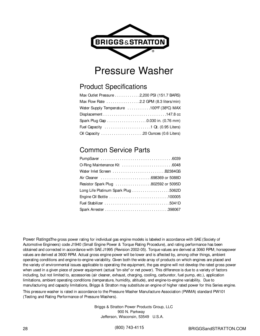 Briggs & Stratton Pressure Washer manual Product Specifications, Common Service Parts, 800 