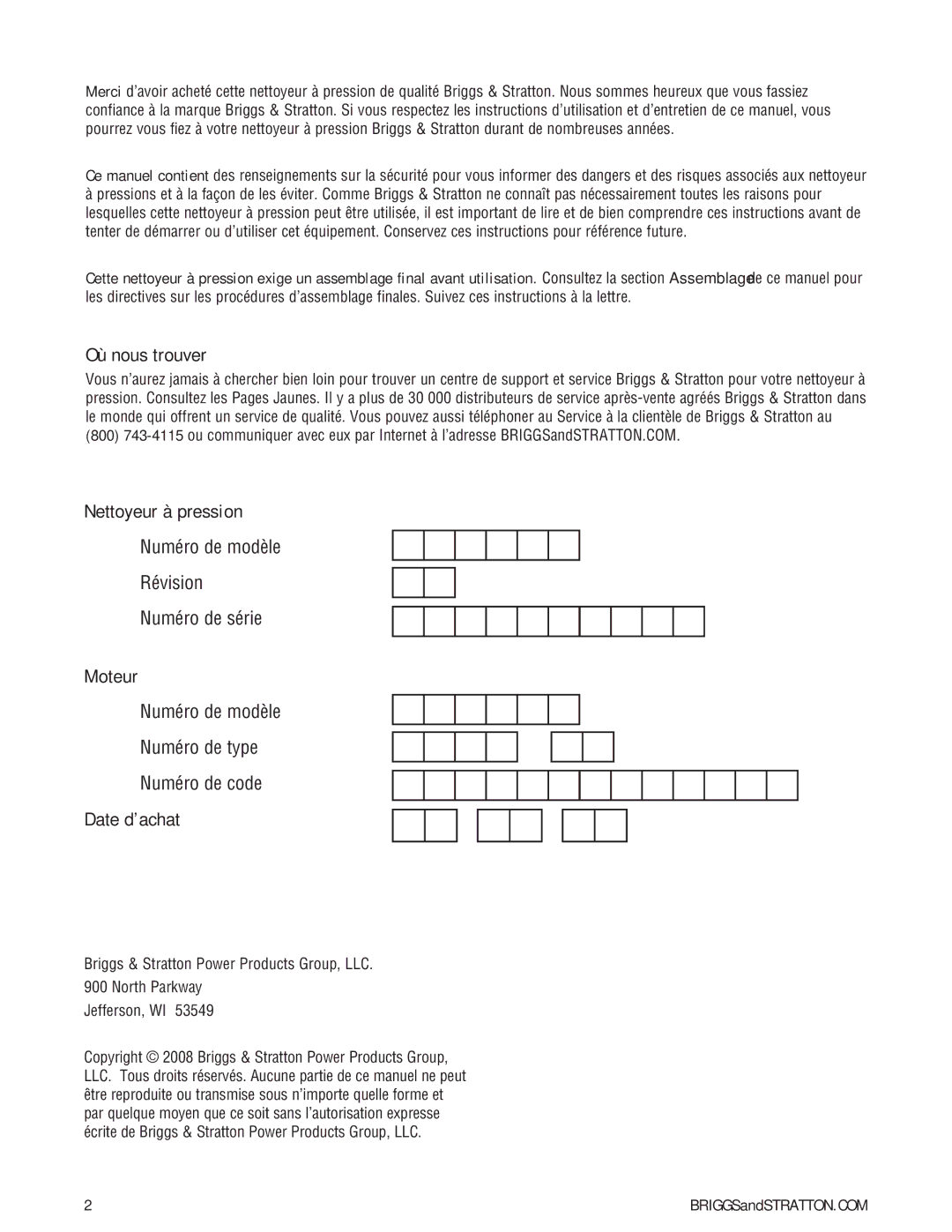 Briggs & Stratton Pressure Washer manual Où nous trouver, Nettoyeur à pression, Moteur, Date d’achat 
