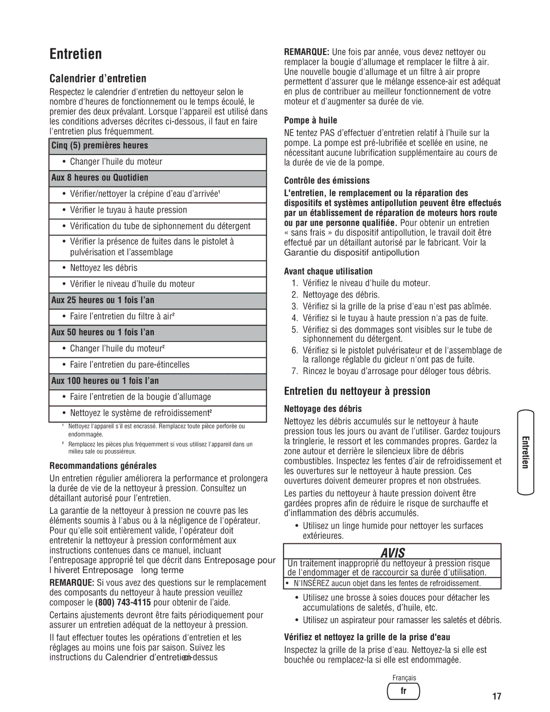 Briggs & Stratton Pressure Washer manual Calendrier d’entretien, Entretien du nettoyeur à pression 