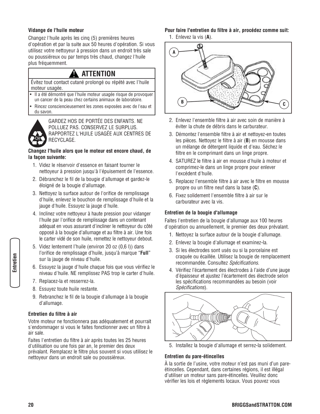 Briggs & Stratton Pressure Washer Vidange de lhuile moteur, Entretien du filtre à air, Entretien de la bougie dallumage 