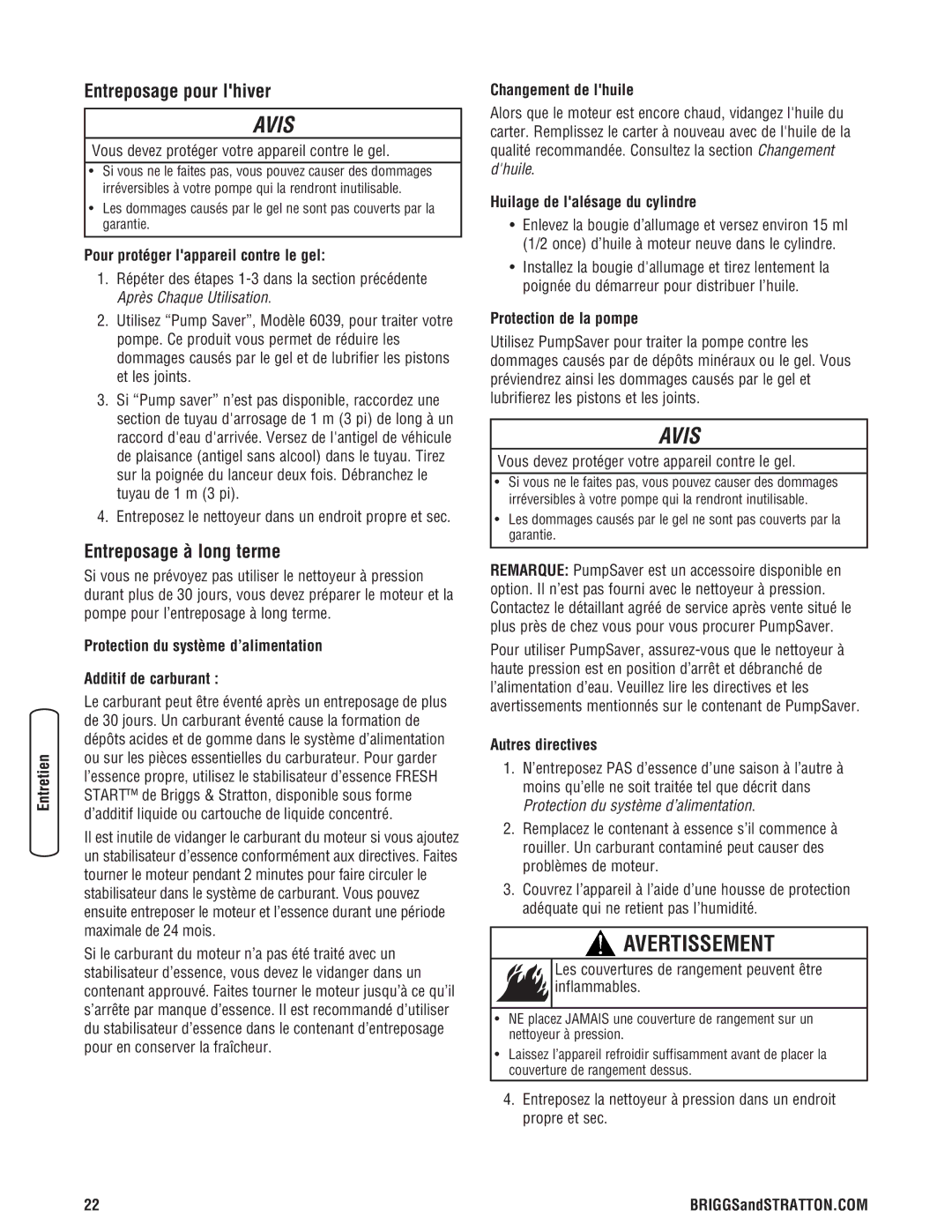 Briggs & Stratton Pressure Washer manual Entreposage pour lhiver, Entreposage à long terme 