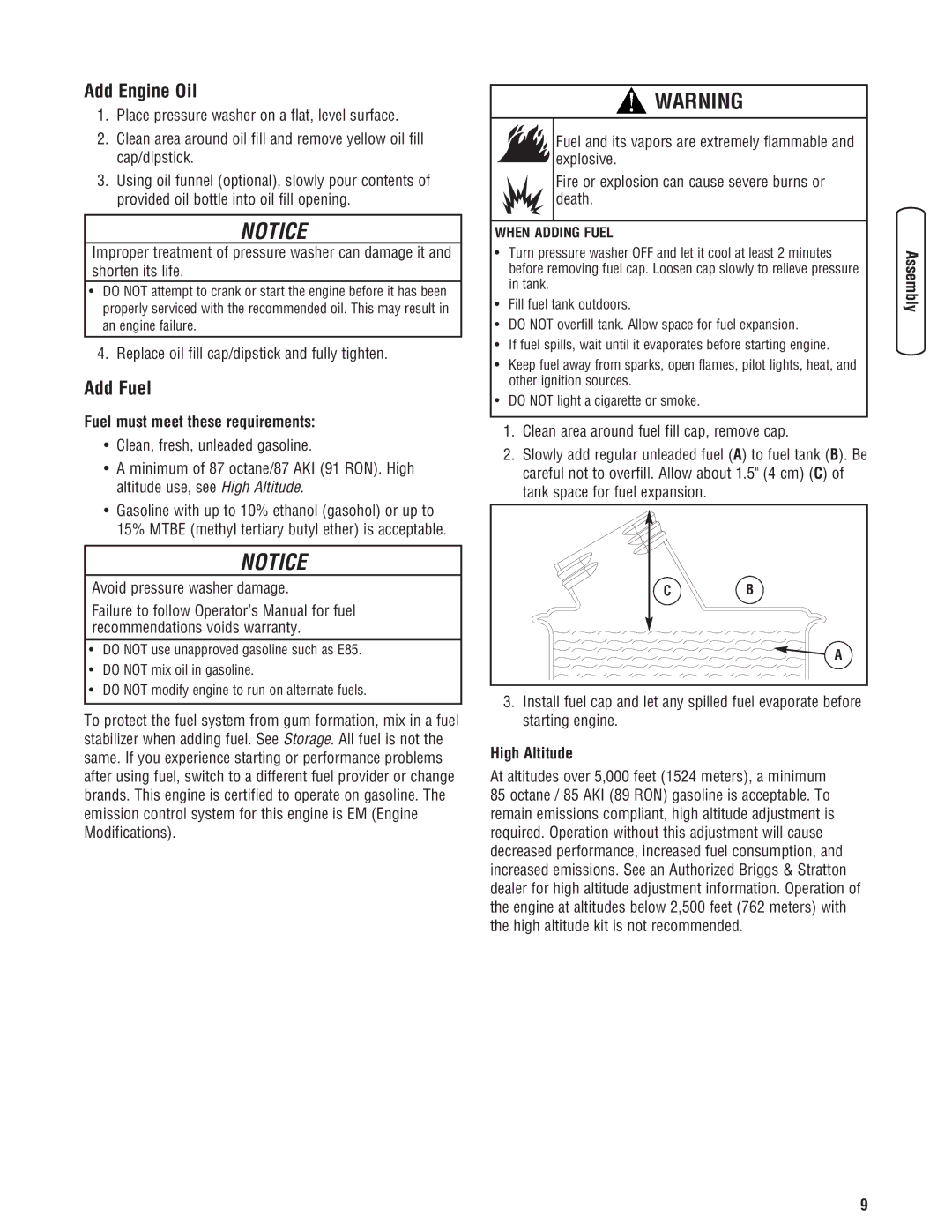 Briggs & Stratton Pressure Washer manual Add Engine Oil, Add Fuel, Fuel must meet these requirements, High Altitude 