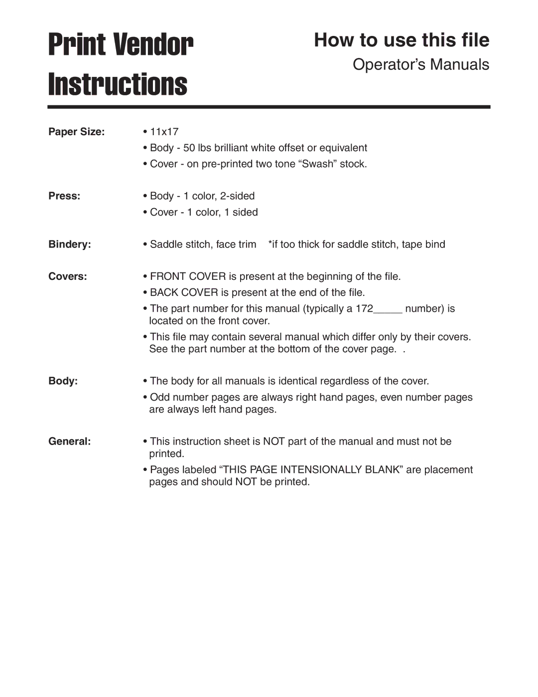 Briggs & Stratton Printer instruction sheet Operator’s Manuals, Paper Size, Press, Bindery, Covers 