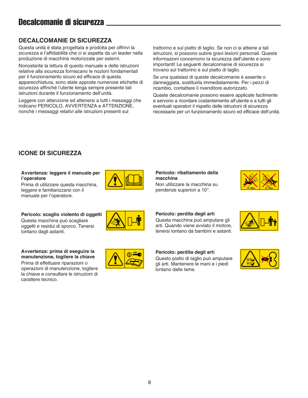 Briggs & Stratton Printer instruction sheet Decalcomanie di sicurezza, Decalcomanie DI Sicurezza, Icone DI Sicurezza 