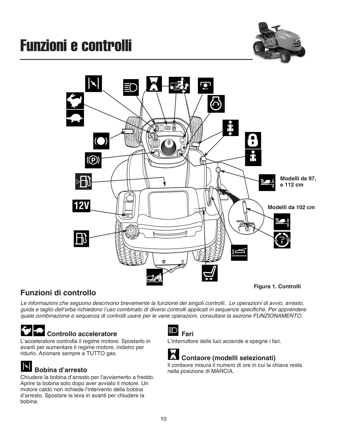 Briggs & Stratton Printer instruction sheet Funzioni di controllo, Controllo acceleratore, Bobina d’arresto, Fari 