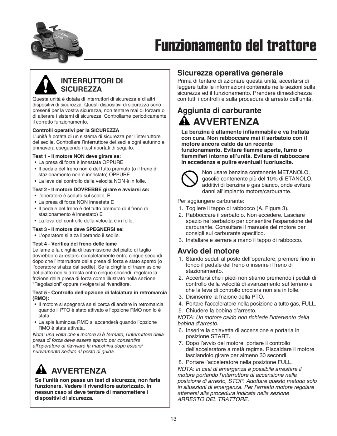 Briggs & Stratton Printer instruction sheet Sicurezza operativa generale, Aggiunta di carburante, Avvio del motore 