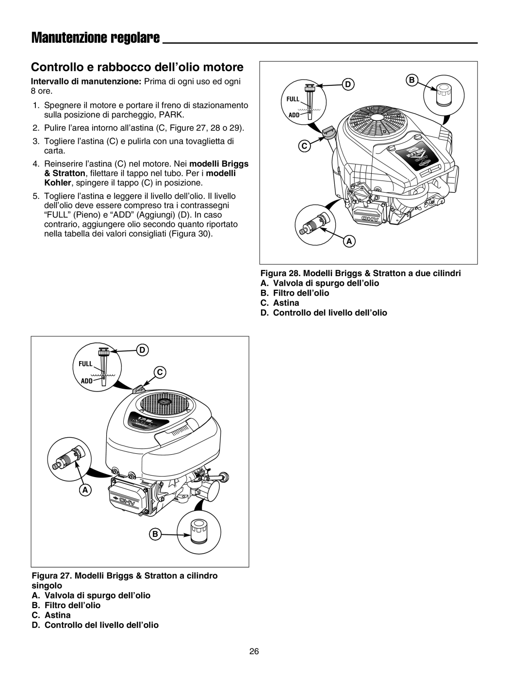 Briggs & Stratton Printer Controllo e rabbocco dell’olio motore, Intervallo di manutenzione Prima di ogni uso ed ogni 