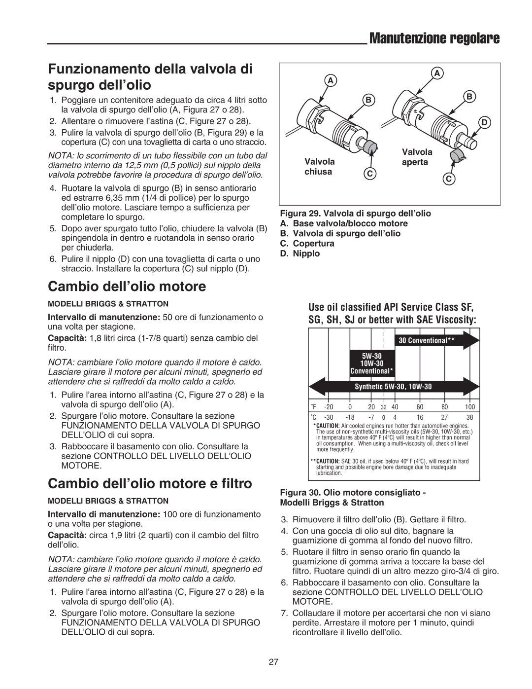 Briggs & Stratton Printer instruction sheet Valvola Aperta Chiusa, Intervallo di manutenzione 50 ore di funzionamento o 