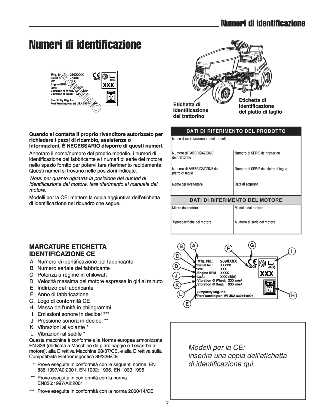 Briggs & Stratton Printer Numeri di identificazione, Marcature Etichetta Identificazione Ce, Modelli per la CE 